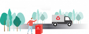 An illustration of someone putting items into a recycling bin with a recycling truck in the background.