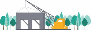 An illustration of a crane working on a building. 
