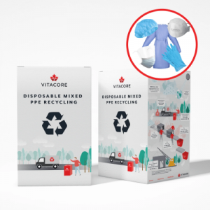 Two boxes with recycling icons on them that say "disposable mask recycling".